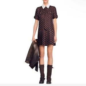 Sandro Brown with white details pleated bottom Mini Dress and a neck tie